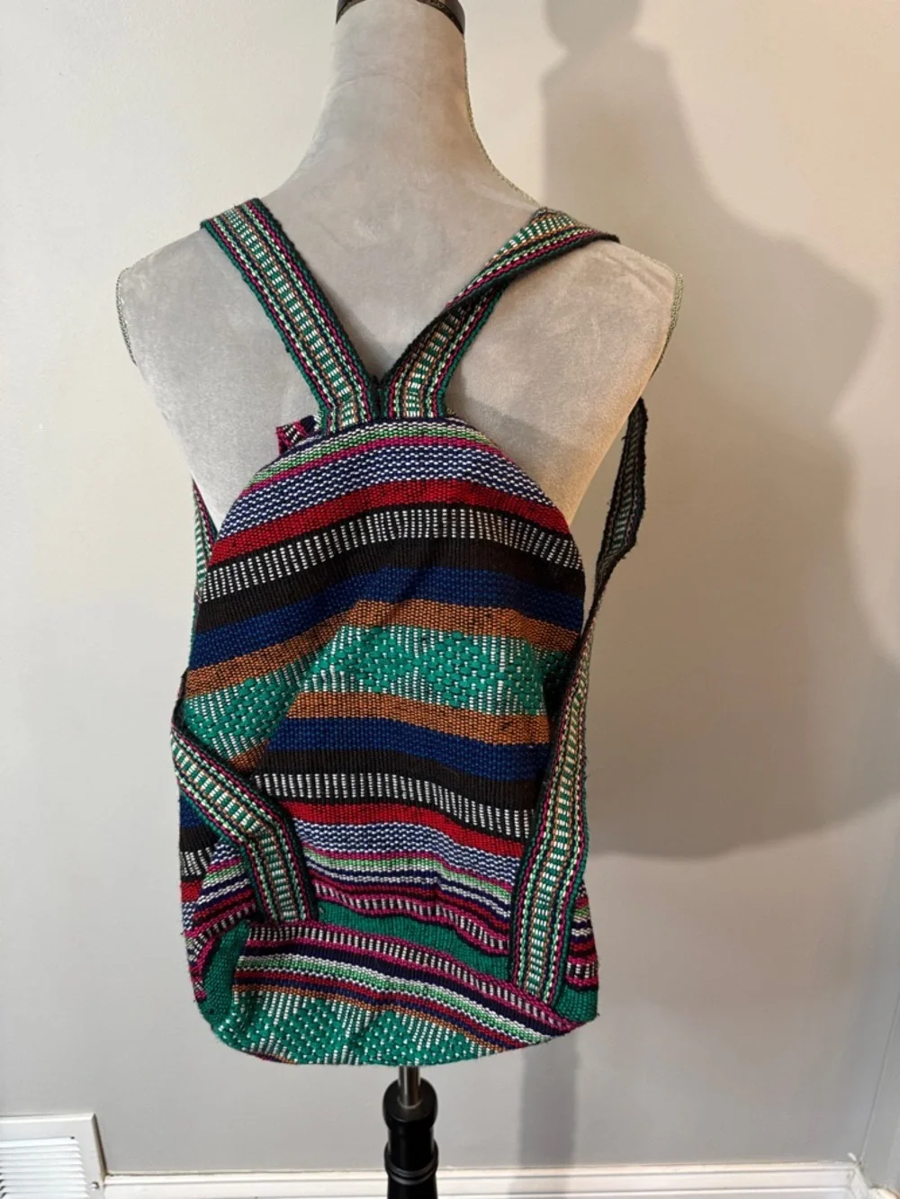 Pinzon Handwoven Green Striped Boho Backpack - Ethnic Pattern